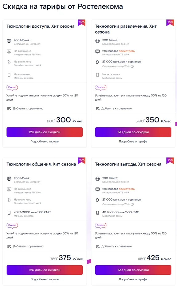 Тарифы «Ростелеком», предлагаемые петербуржцам со скидкой 50%