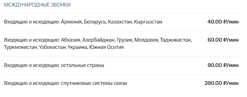 Стоимость международных звонков