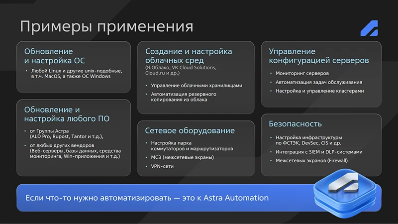 Рис. 3. Примеры применения Astra Automation 2.0