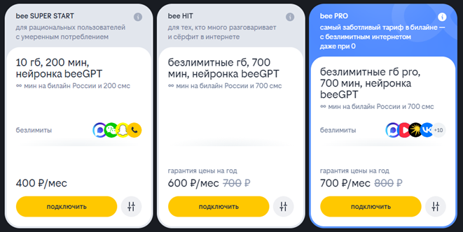 Три подписки Билайна на главной странице &ndash; &laquo;bee SUPER START&raquo;, &laquo;bee HIT&raquo; и &laquo;bee PRO&raquo;