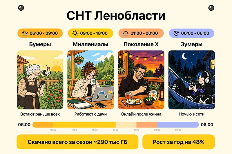 Дачные биоритмы: зумеры активнее пользовались интернетом ночью, а бумеры — с шести утра